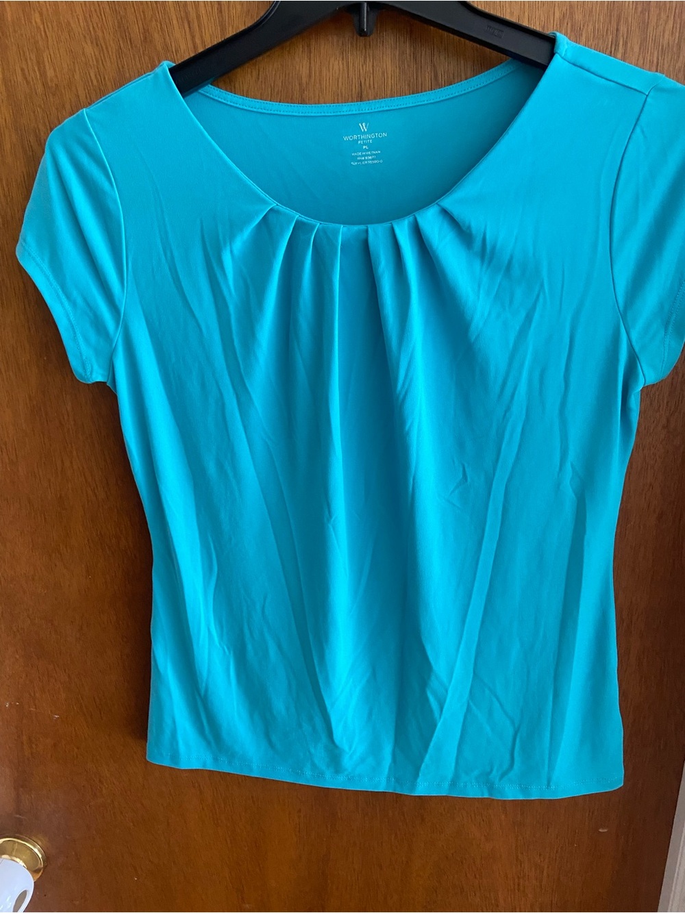 Worthington Teal Short-Sleeve Pleat Front Top Size Large Petite